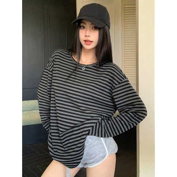 Women Fitted Striped Long Sleeve Top Scoop Neck Casual Going Out Clothes