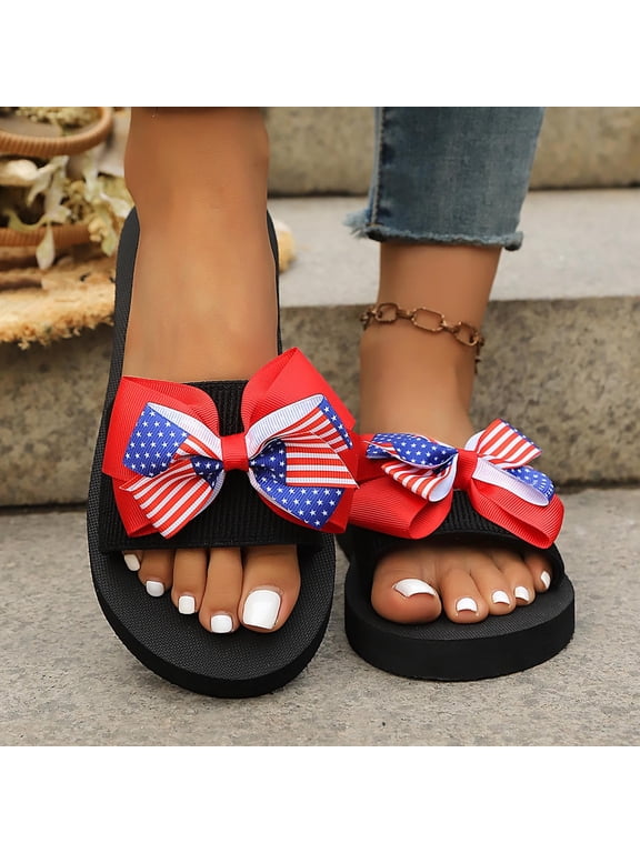 Women Flag Bow Decor Flatform Open Toe Slip On Summer Slide Sandals Red 9