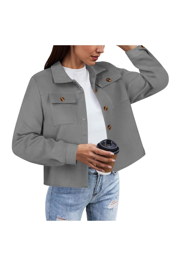 Women Flannel Cropped Shacket Button Down Trendy Shacket Jackets Casual Long Sleeve Crop Shirts Jackets Tops