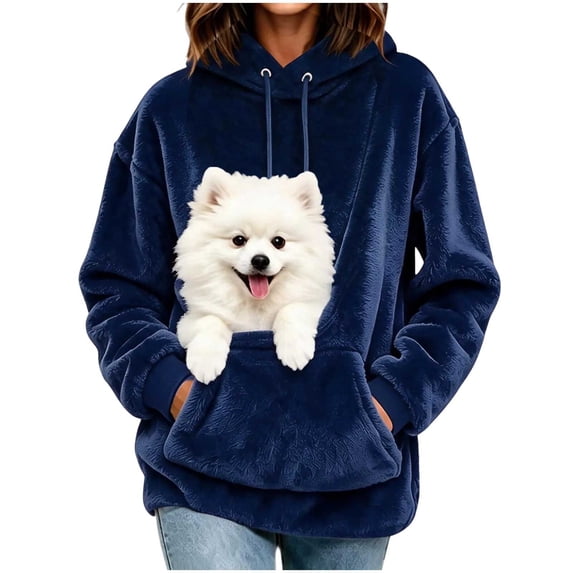 Women Flannel Hoodie with Pet Pouch, Oversized Fleece Sweatshirt, Dual Front Pockets, Long Sleeve Pullover Top, Dark Blue M