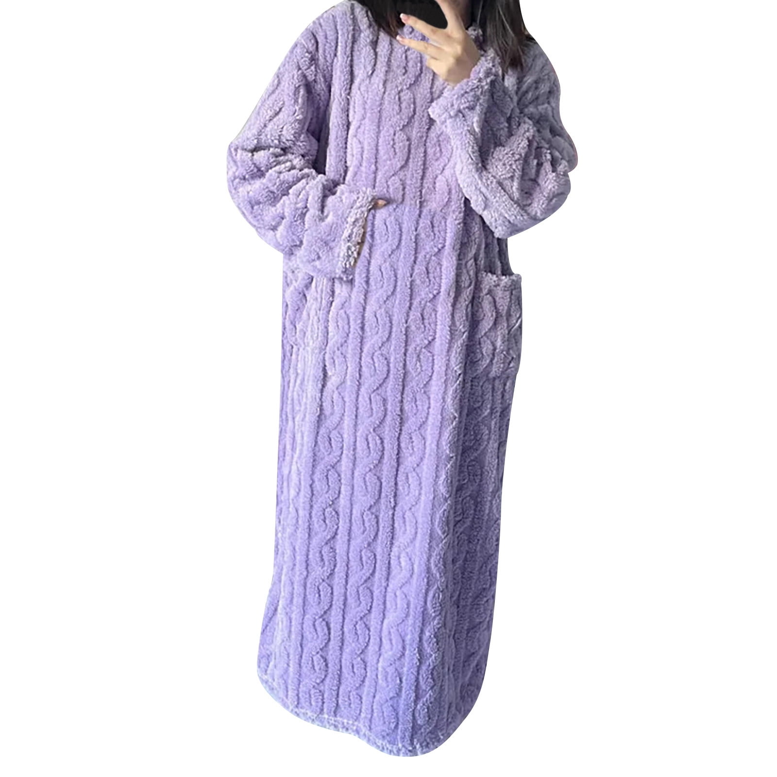 Women Flannel Nightgown Full Length Boyfriend Nightshirt Pom Pom Long ...