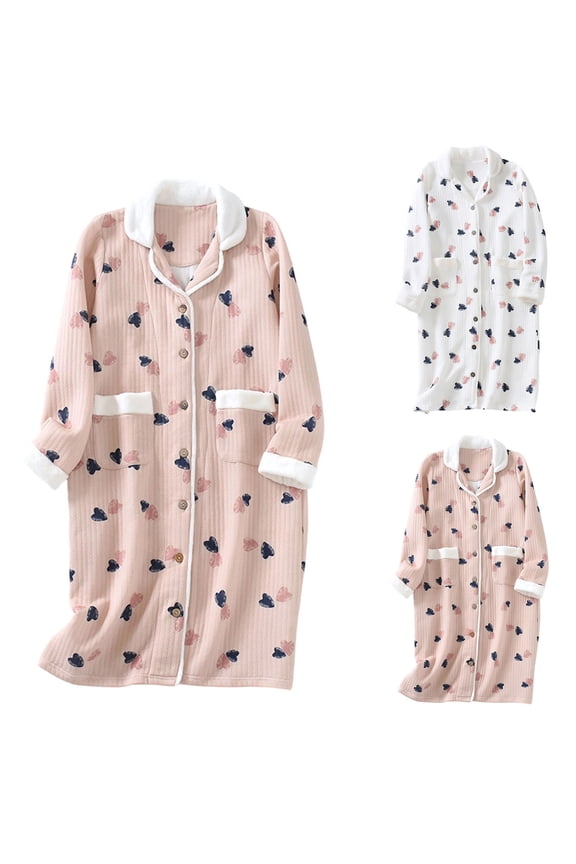 Women Flannel Pajama Robe Long Sleeve Button Down Sleepwear Warm Plush Bathrobe Cute Panda Print Nightgown
