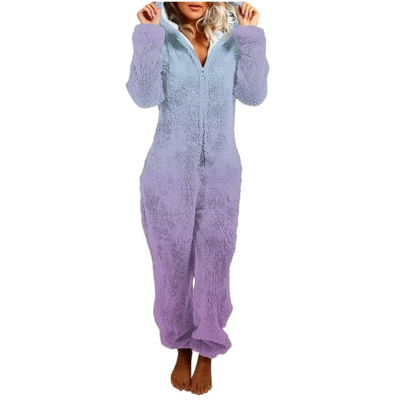 Women Flannel Pajamas One Piece Rompers Gradient Jumpsuit Sleepwear Warm Winter Loungewear Zipper Up Comfort Casual Pjs Loungewear