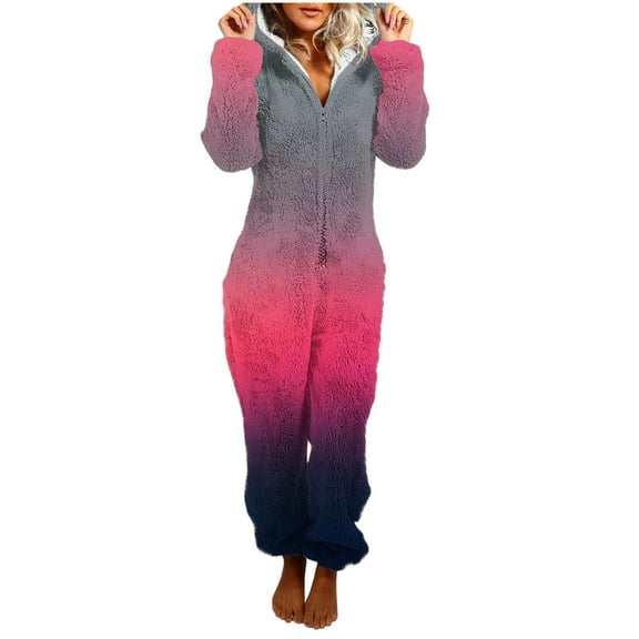 Women Flannel Pajamas One Piece Rompers Gradient Jumpsuit Sleepwear Warm Winter Loungewear Zipper Up Comfort Casual Pjs Loungewear