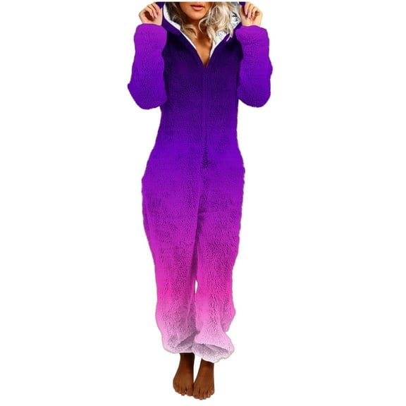 Women Flannel Pajamas One Piece Rompers Gradient Jumpsuit Sleepwear Warm Winter Loungewear Zipper Up Comfort Casual Pjs Loungewear