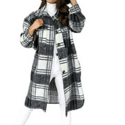 Women Flannel Plaid Jacket Trendy Autumn and Winter Long Shirt Tartan Overshirt Trench Coats Loose Casual Outerwear