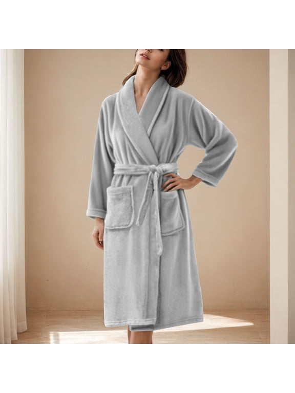 Women Flannel Robe, Knee Length Soft Warm Bathrobe Absorbent Towel Nightgown Winter Soft Housecoat with Pockets New Night Shirts for Women Plus Size Gray L