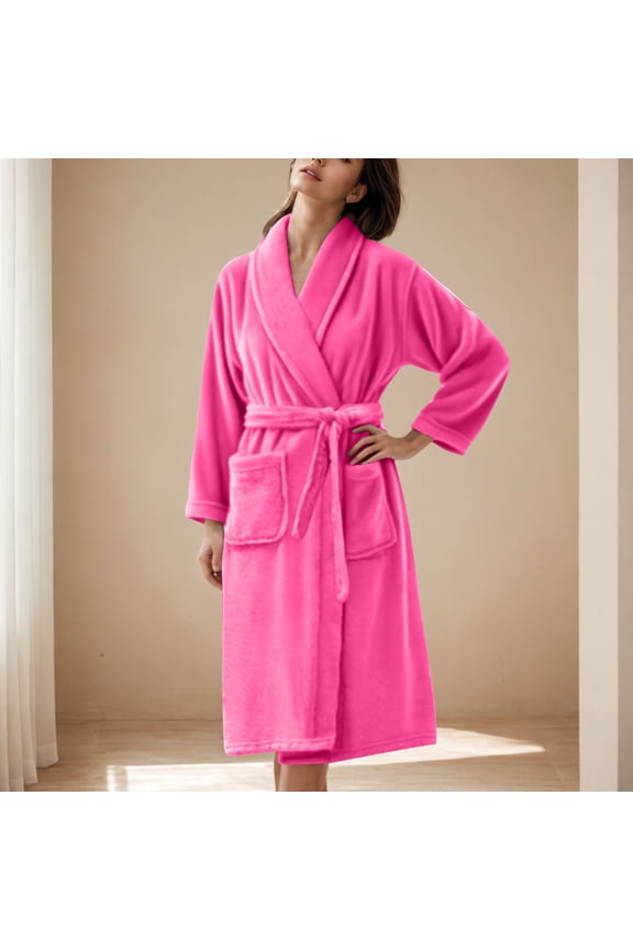 Women Flannel Robe, Knee Length Soft Warm Bathrobe Absorbent Towel Nightgown Winter Soft Housecoat with Pockets New Sleepshirts Plus Size Pinks XXL