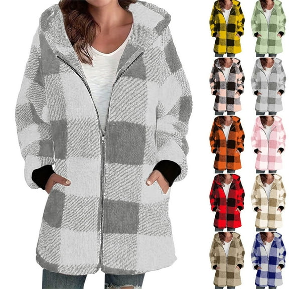 Women Flannel Shacket Jacket Plaid Button Down Fashion Warm Faux Coat Jacket Winter Zipper Solid Long Sleeve Outerwear Shirt 2025 Fall Coat Tops Gray,M
