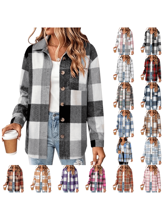 Women Flannel Shacket Jacket Plaid Button down Long Sleeve Shirt Fall Jackets for Winter Clothes Casual Shackets with Pockets Cute Trendy Fashion Clothing Black S