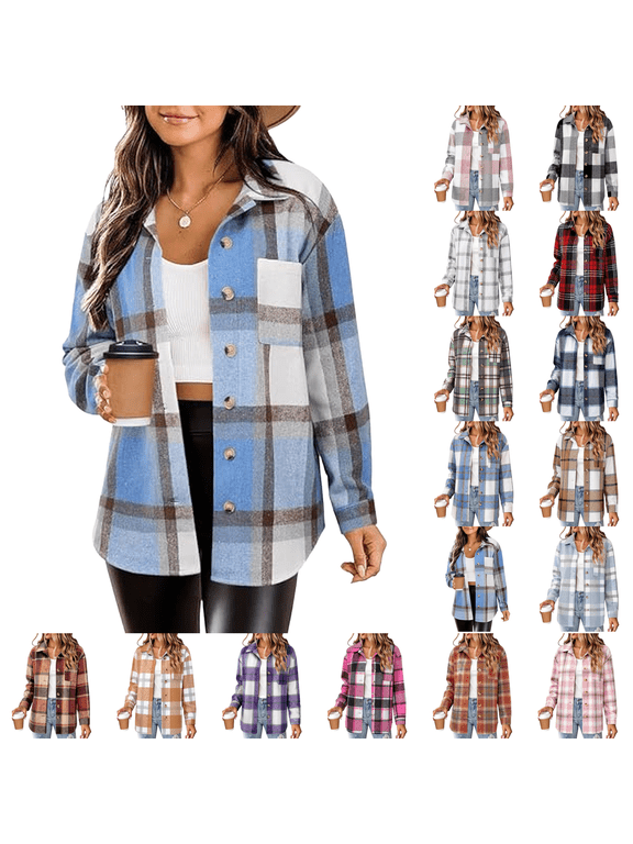 Women Flannel Shacket Jacket Plaid Button down Long Sleeve Shirt Fall Jackets for Winter Clothes Casual Shackets with Pockets Cute Trendy Fashion Clothing Blue M