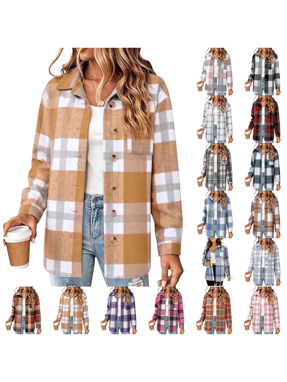 Women Flannel Shacket Jacket Plaid Button down Long Sleeve Shirt Fall Jackets for Winter Clothes Casual Shackets with Pockets Cute Trendy Fashion Clothing Ginger 2XL