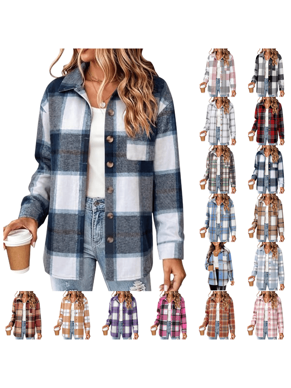 Women Flannel Shacket Jacket Plaid Button down Long Sleeve Shirt Fall Jackets for Winter Clothes Casual Shackets with Pockets Cute Trendy Fashion Clothing Navy S