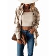 thumbnail image 1 of Women Flannel Shacket Plaid Button Down Long Sleeve Shirts Jacket Coats Fall Outfits Fashion Clothes Apricot Color M, 1 of 9