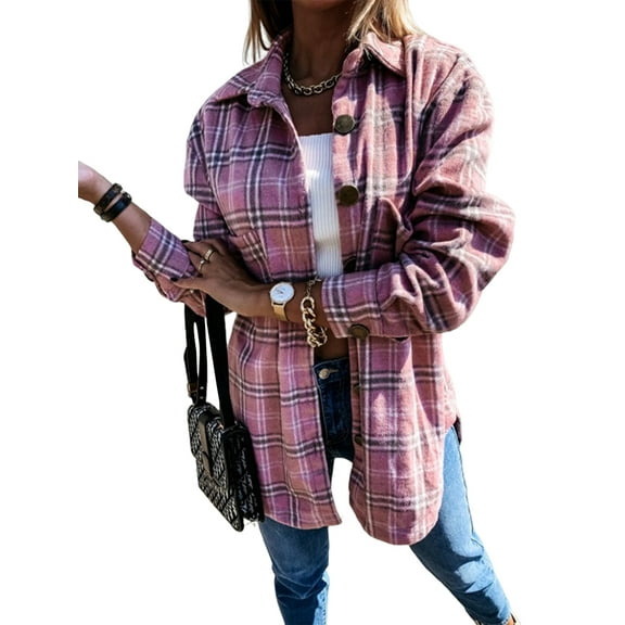 Women Flannel Shacket Plaid Button Down Long Sleeve Shirts Jacket Coats Fall Outfits Fashion Clothes Pink M