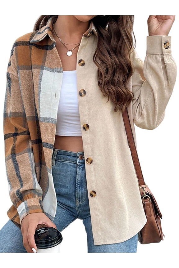 Women Flannel Shacket Plaid Button Down Long Sleeve Shirts Jacket Coats Fall Outfits Khaki S