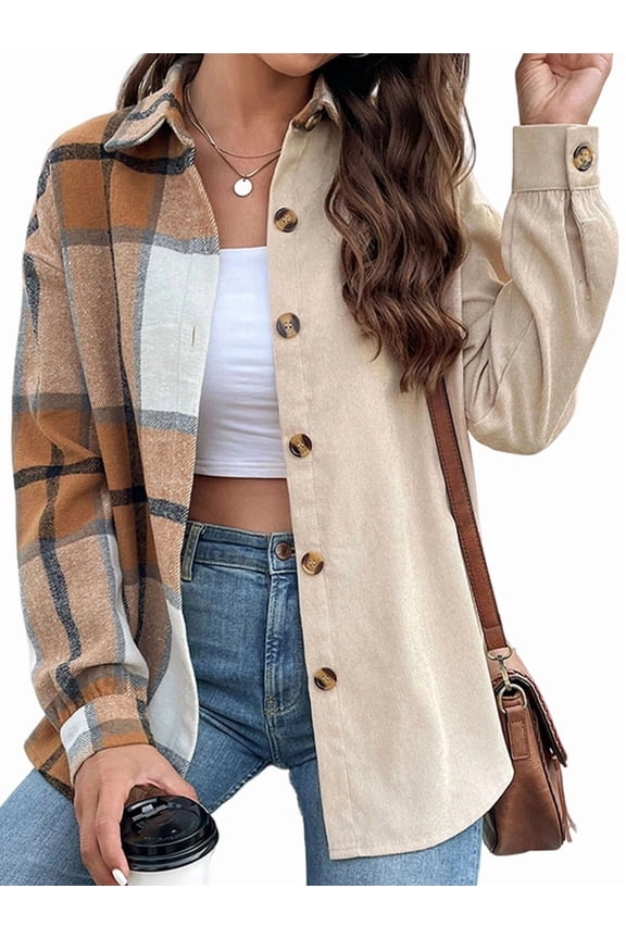 Women Flannel Shacket Plaid Button Down Long Sleeve Shirts Jacket Coats Fall Outfits Khaki XL