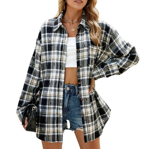 Women Flannel Shirts Shacket Black and White XXL