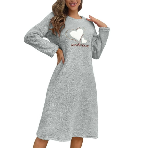 Women Flannel Warm Nightgown, Long Sleeve Crewneck Winter Fleece Loungewear Sleepwear Cute Print Nightdress