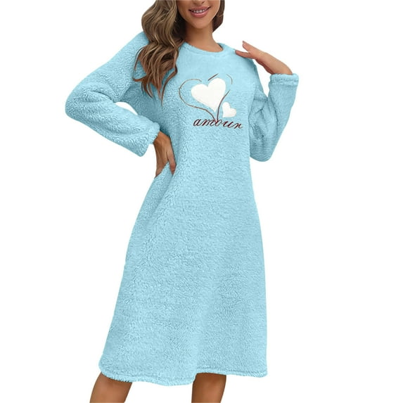 Women Flannel Warm Nightgown, Long Sleeve Crewneck Winter Fleece Loungewear Sleepwear Cute Print Nightdress