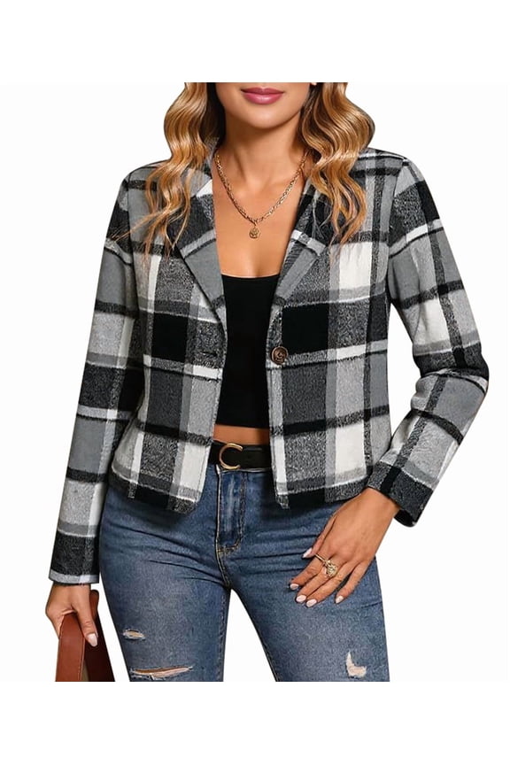 Women Flannels Cropped Long Sleeve Blazer V Neck Button Down Jackets Plaid Fall Coat Tops Gray L