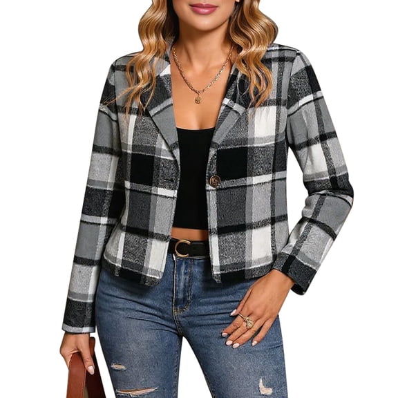 Women Flannels Cropped Long Sleeve Blazer V Neck Button Down Jackets Plaid Fall Coat Tops Gray XXL
