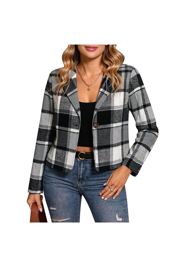 Women Flannels Cropped Long Sleeve Blazer V Neck Button Down Jackets Plaid Fall Coat Tops Gray XXL