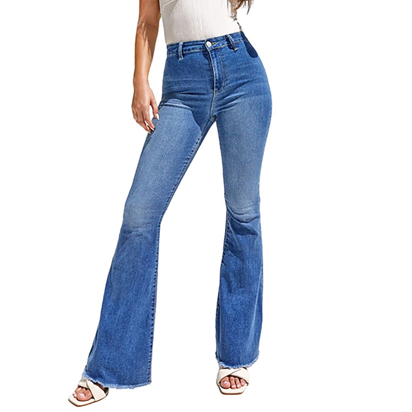 Women Flare Jean Pants Casual Mid Waist Long Pants Fashion Zipper Denim Pants with Pockets