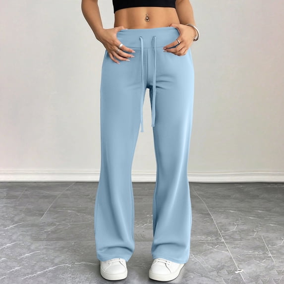 Women Flare Leggings Drawstring High Rise Flared Yoga Pants Soft Lounge Wide Leg Sweatpants Bell Bottom Trousers Sky Blue 2XL