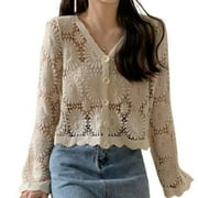 Women Flare Long Sleeve Crochet Cardigan Open Front Hollow Floral Sweater Coat