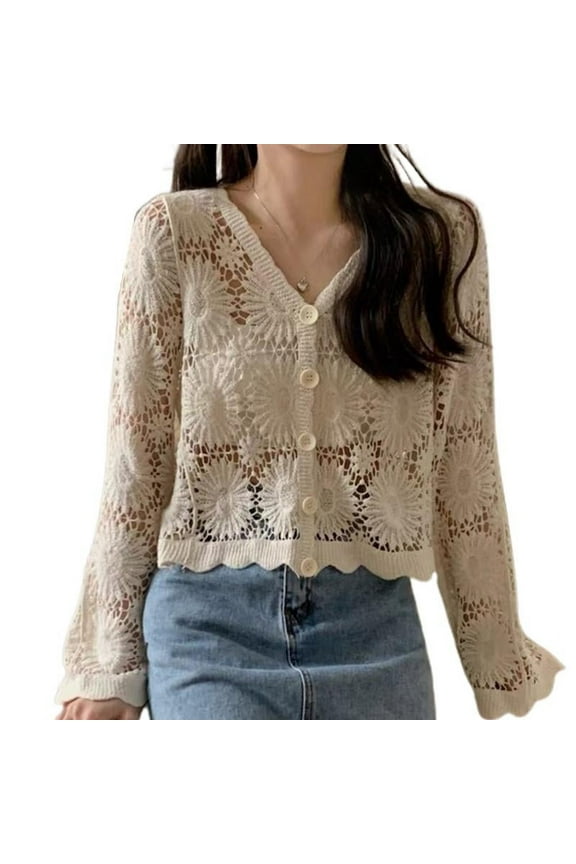 Women Flare Long Sleeve Crochet Cardigan Open Front Hollow Floral Sweater Coat