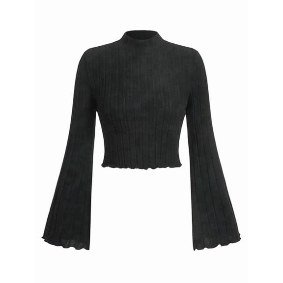 Women Flare Long Sleeve Mock Neck Rib-Knit Crop Top Casual Solid Slim T-Shirt Black S