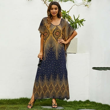 Women Flare Sleeve V-Neck Long Robe Loose Beach Floral Printed Long Maxi Dress