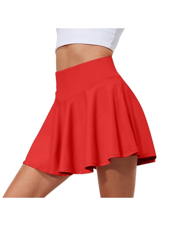 Women Flared High Waist Skater Skirt A Line Pleated Mini Skirt Stretchy Casual Basic Dance Skirt for Everyday Wear Red L