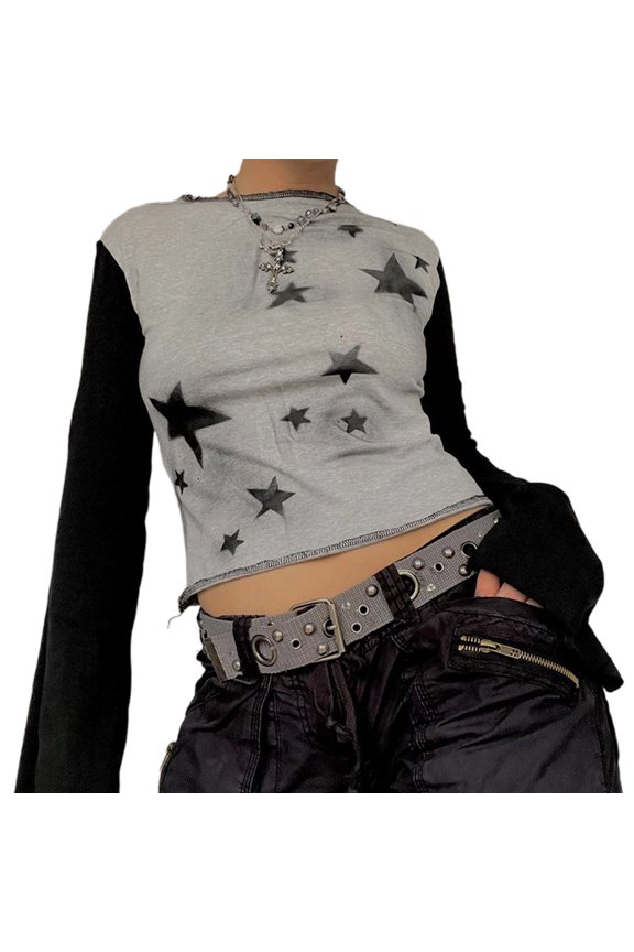 Women Flared Long Sleeve O-Neck Crop Top Grunge Aesthetic Star Printed Casual Slim Patchwork T-Shirt