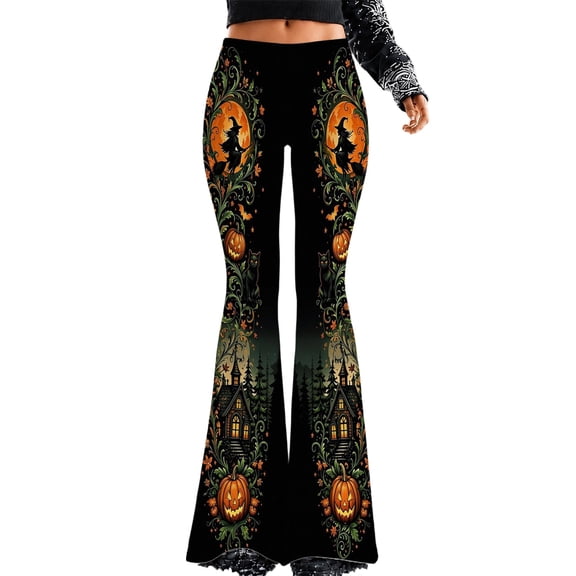 Women Flared Pants Floral Skull Print High Waist Bell Bottom Pants for Women Spooky Halloween Pants (Black3 L)