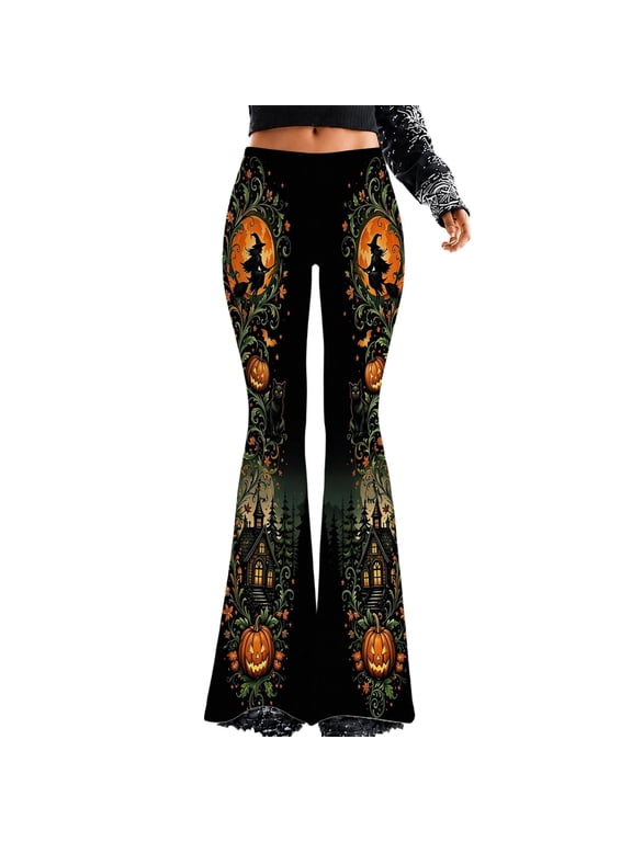 Women Flared Pants Floral Skull Print High Waist Bell Bottom Pants for Women Spooky Halloween Pants (Black3 L)