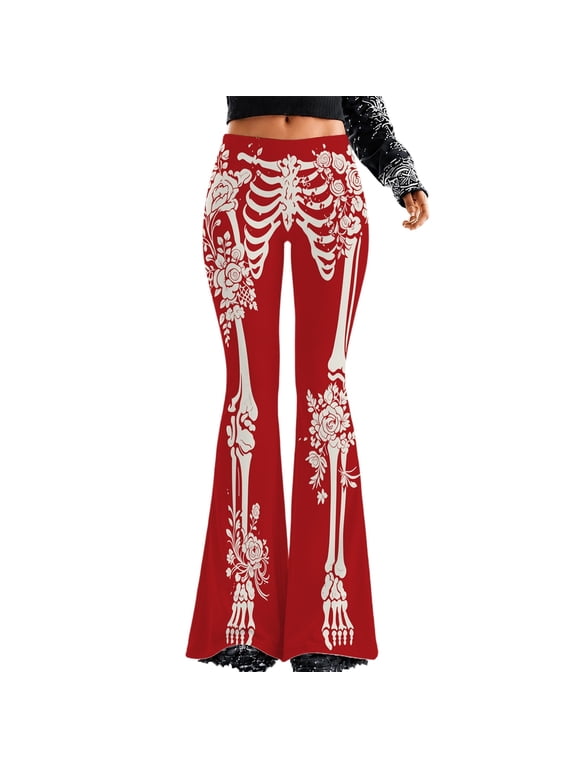 Women Flared Pants Floral Skull Print High Waist Bell Bottom Pants for Women Spooky Halloween Pants (Red M)