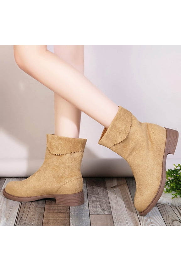 Women Flat Heel Western Boots Round Toe Suede Mid Calf Cowboy Boots Wide Calf Pull Low Block Heel Short Riding Boot Stretch Fashion Casual Fall Winter Dress Booti