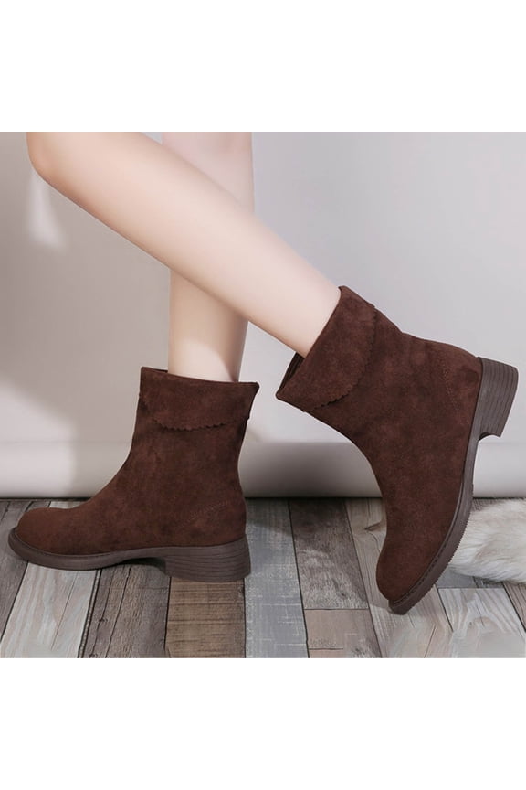 Women Flat Heel Western Boots Round Toe Suede Mid Calf Cowboy Boots Wide Calf Pull Low Block Heel Short Riding Boot Stretch Fashion Casual Fall Winter Dress Booti