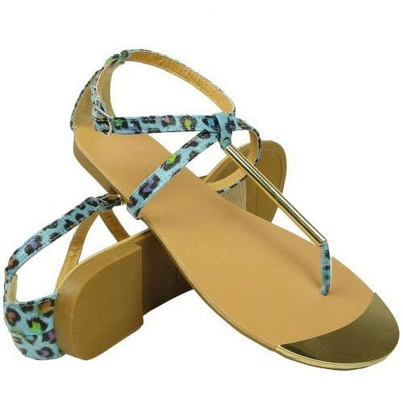 Women Flat Metallic Gold T-Strap Thong Blue Leopard Sandals Back Strap Sz 5.5-10