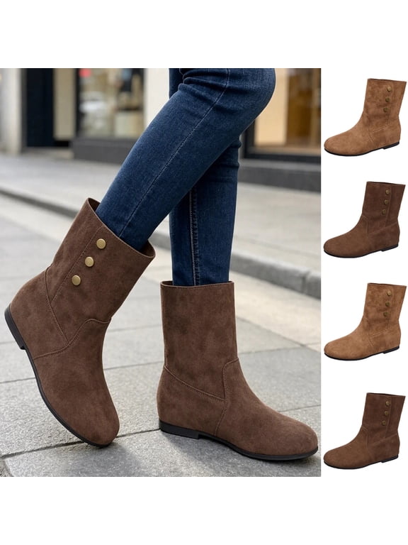 Women Flat Mid Calf Boots Vintage Metal Button Decor Pull on Round Toe Casual Winter Boots US Size 5.5 To 8 Khaki