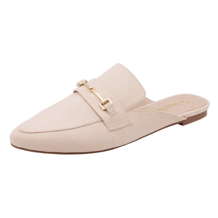 Women Flat Mules Pointed Toe Slip On Slides Buckle Detail Backless Loafers Comfortable Casual Shoes