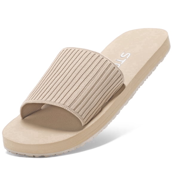 STQ Women Flat Sandals Memory Foam Slide Sandals Open Toe Cloud Slides Taupe Size 7