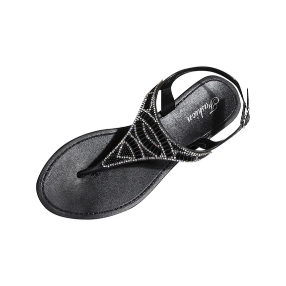 Women Flat Sandals Summer Rhinestone Comfortable Soft Leather Open Toe Beach One-Line Buckle Flip Flops Black
