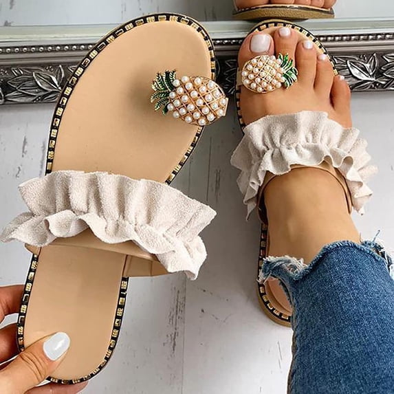 Women Flat Sandals,Sweet Cute Pearls Pineapple Sandals Clip Toe Flip Flops Boho Casual Flat Slippers Beach Shoes
