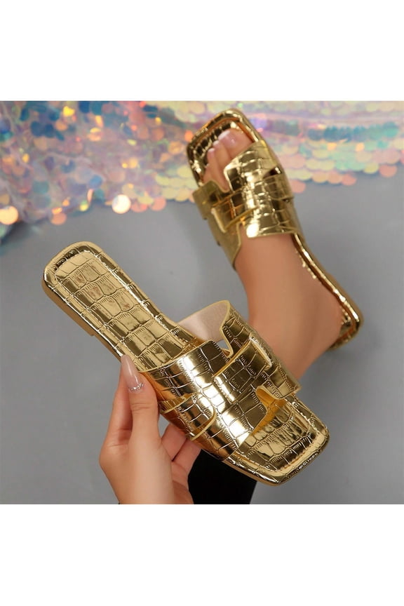 Women Flat Sandals with Crocodile Embossed Cut Out Design Open Toe H Cross Slide