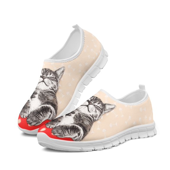 Women Flat Shoe Cute Gray Sleeping Cat Casual Comfort Lightweight Sneakers Breath Mesh Shoes Offers