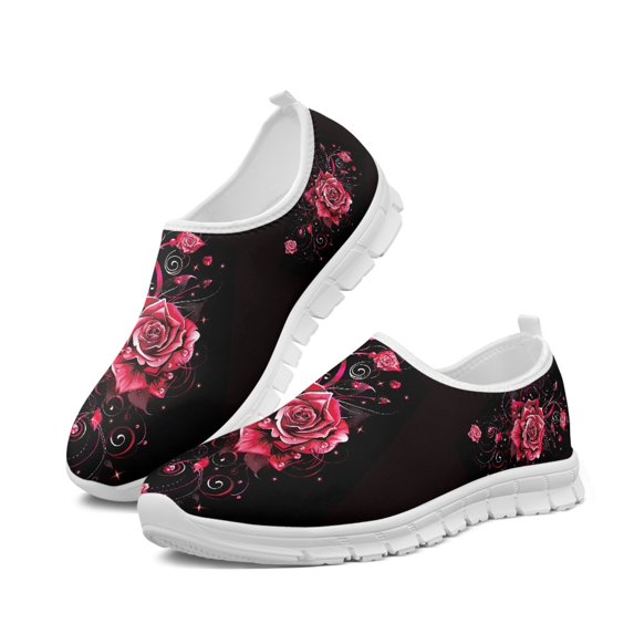 Women Flat Shoe Red Rose Lightweight Comfortable Running Soft Sneakers Breath Mesh Shoes Students Slip on Shoe