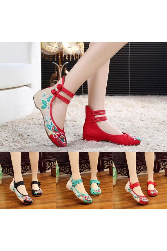 Women Flat Shoes Chinese Embroidered Flower Sandals Bridal Mary Jane Ballet Traditional Rubber Sole Shoes for Summer Walking Green Size 5.5
